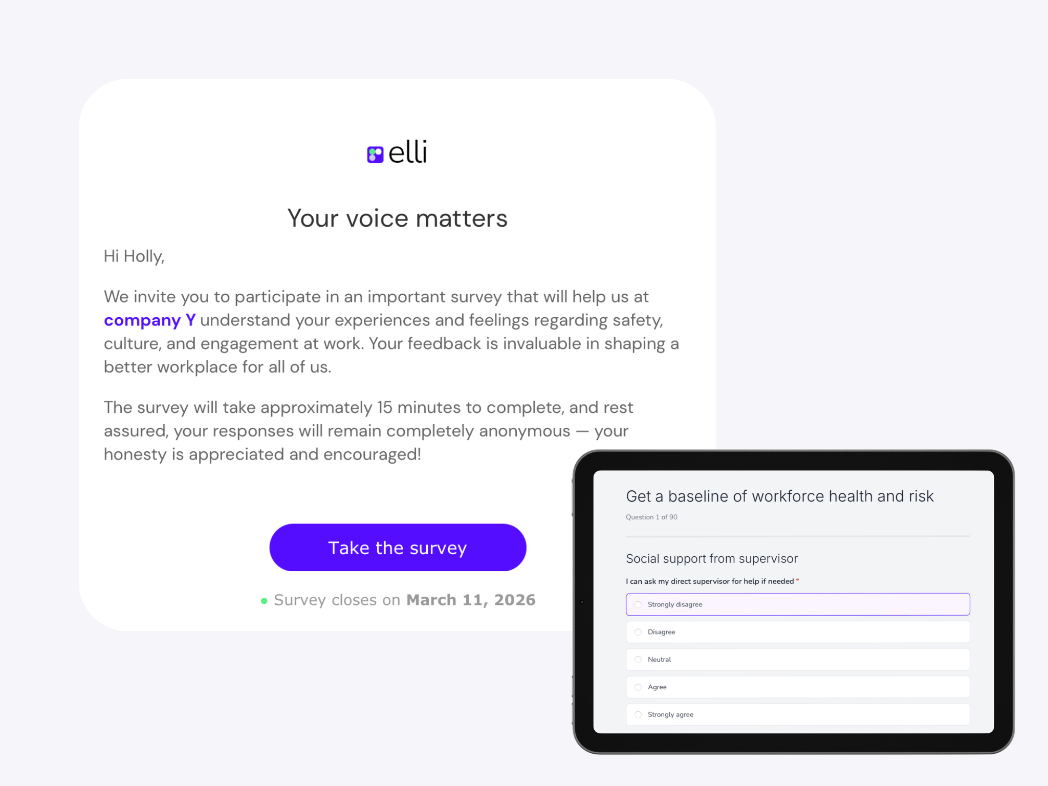 A workforce survey opened from a single secure link on a tablet